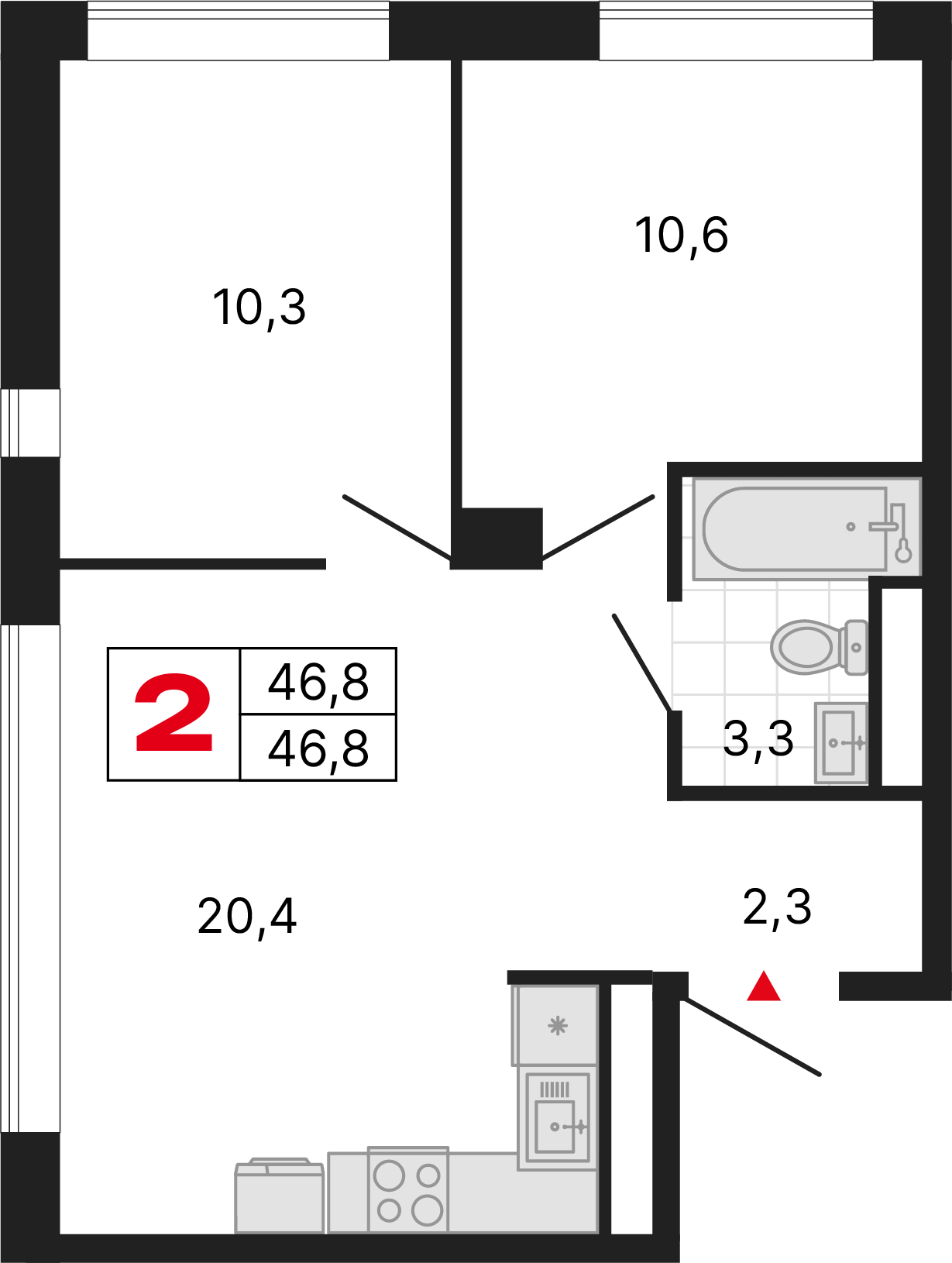 2 комнаты, 46,83 м²
