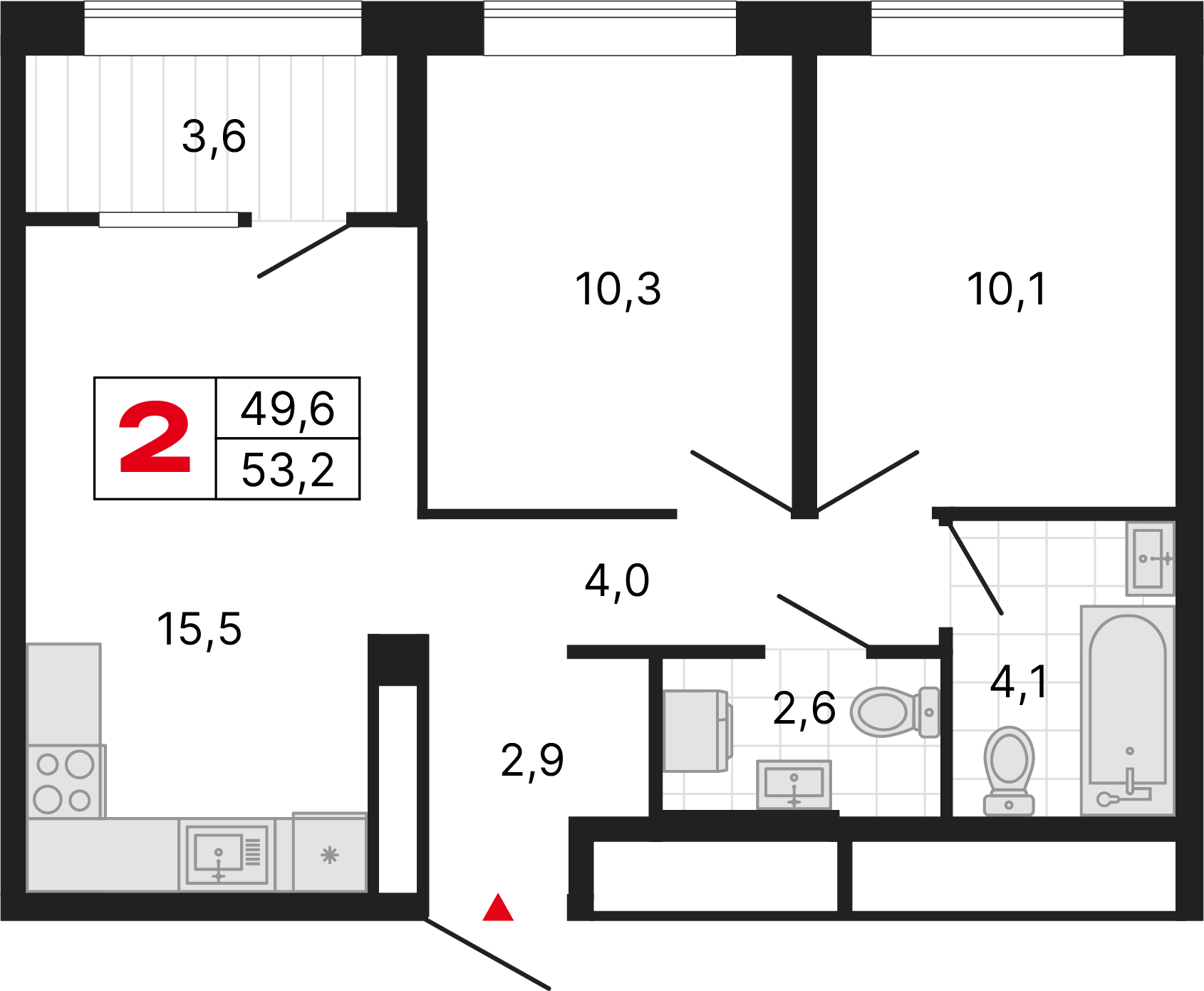 2 комнаты, 53,25 м²