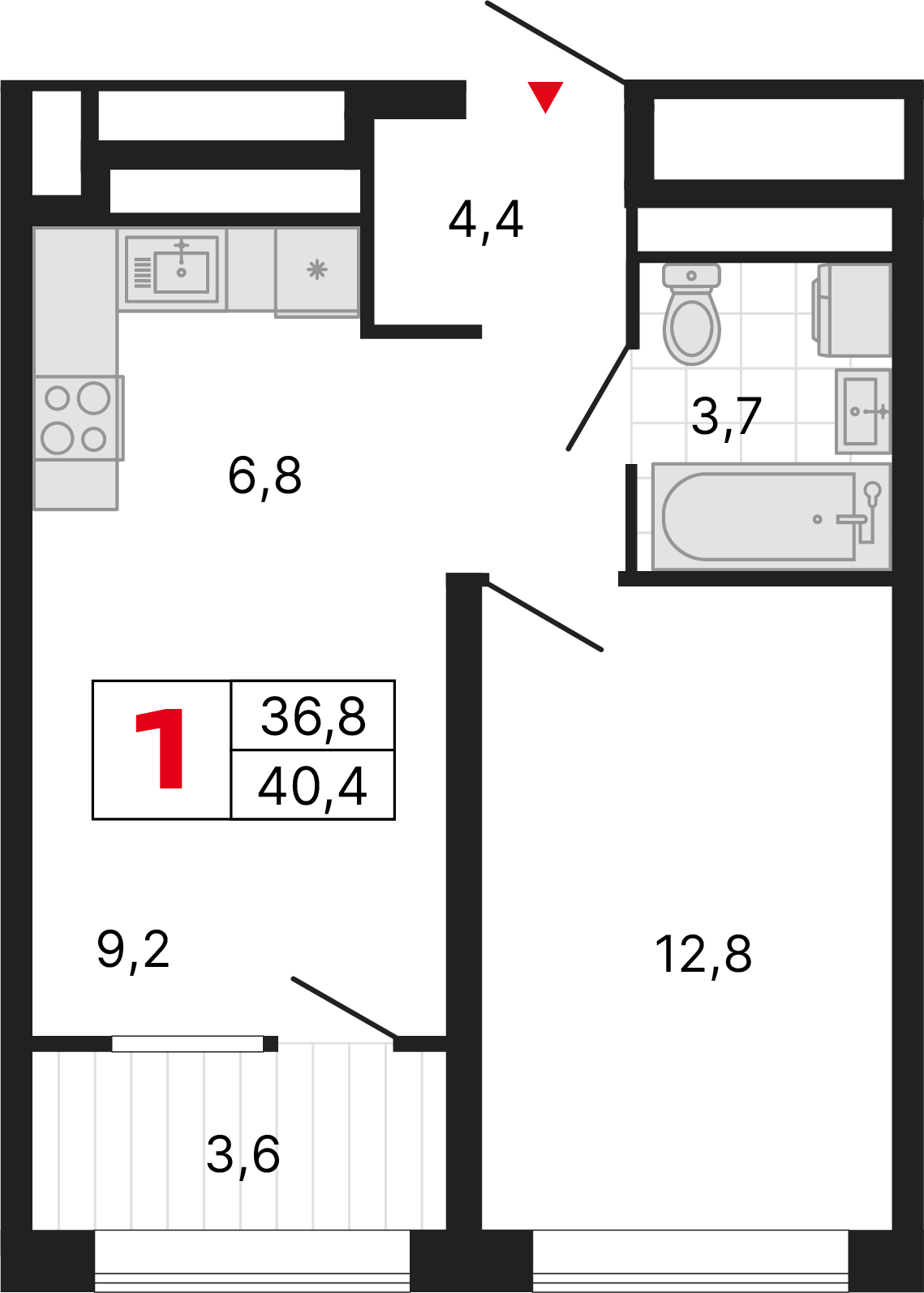 1 комната, 40,40 м²