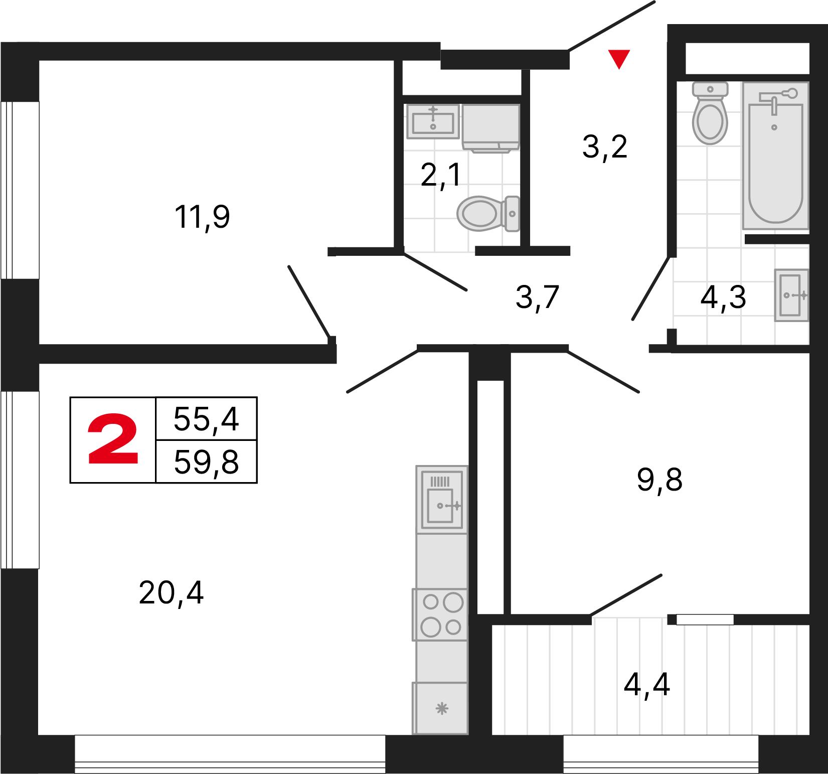 2 комнаты, 59,84 м²