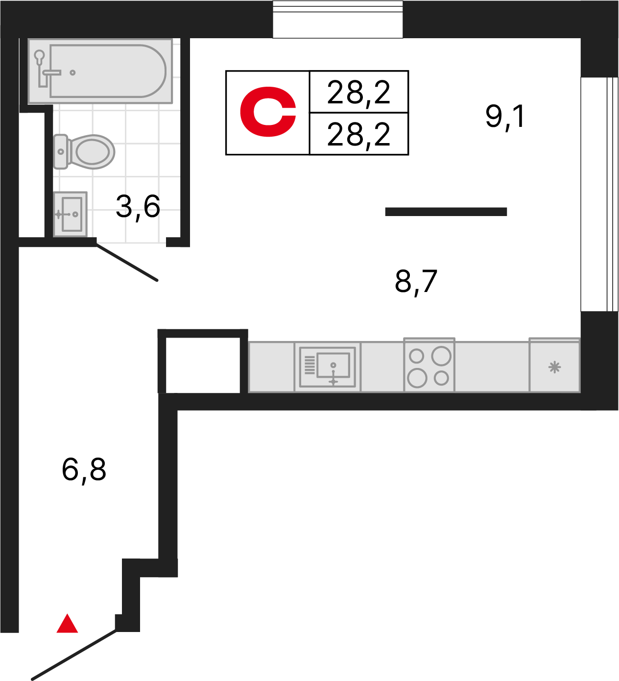 1 комната, 28,19 м²