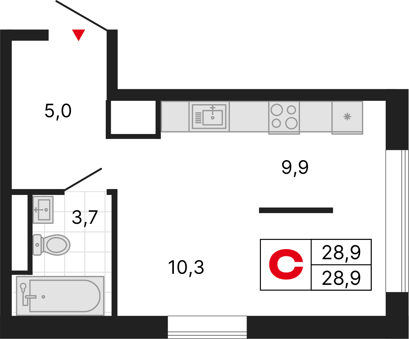1 комната, 28,90 м²