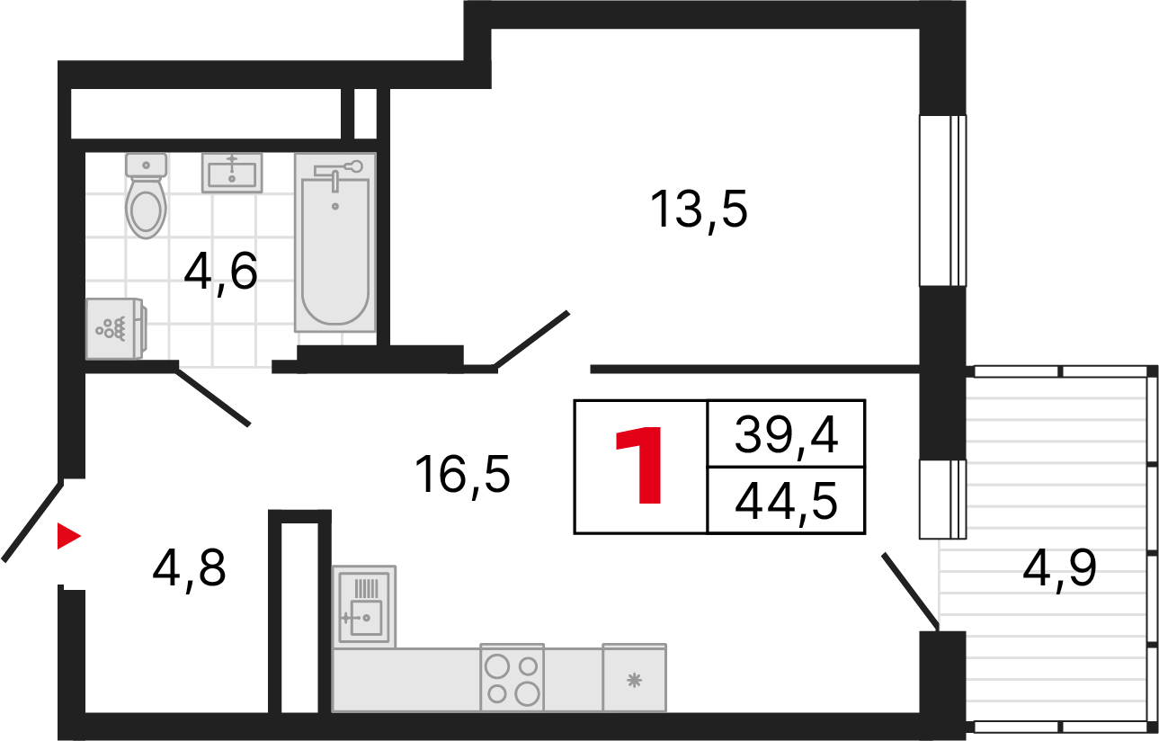 1 комната, 44,57 м²