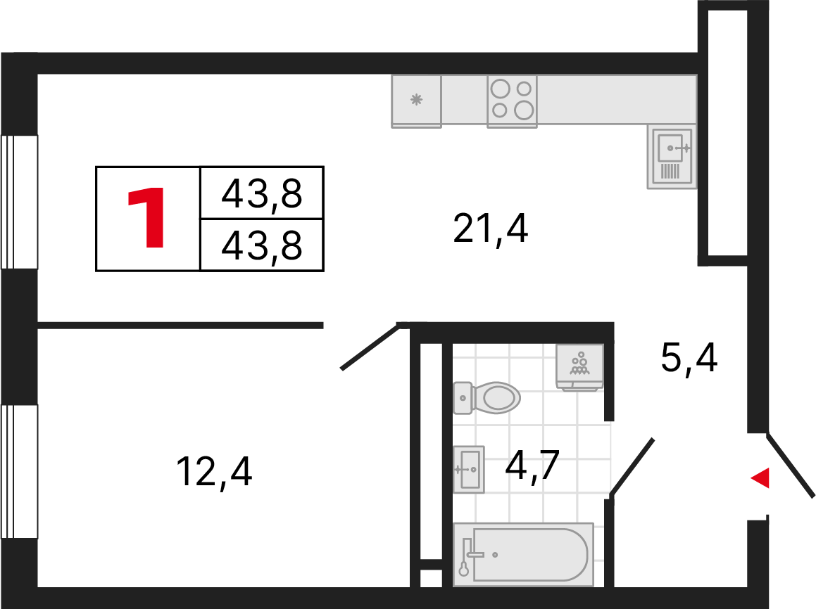 1 комната, 43,76 м²
