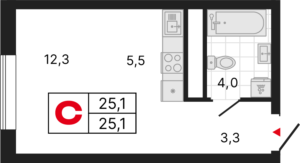 1 комната, 25,10 м²
