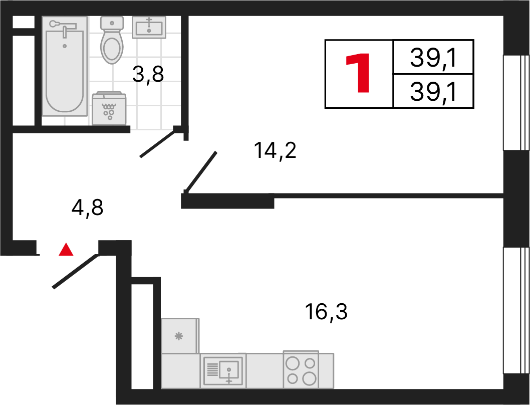 1 комната, 39,12 м²