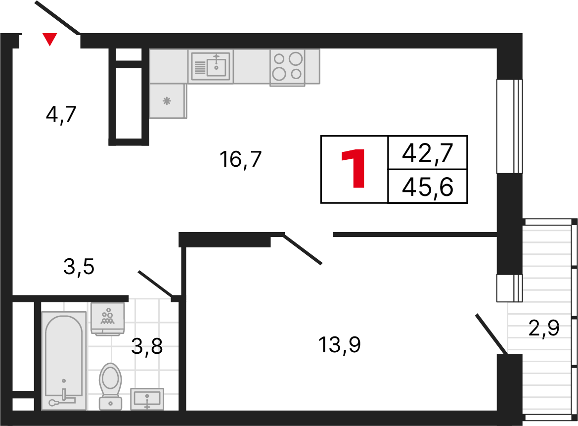 1 комната, 45,56 м²
