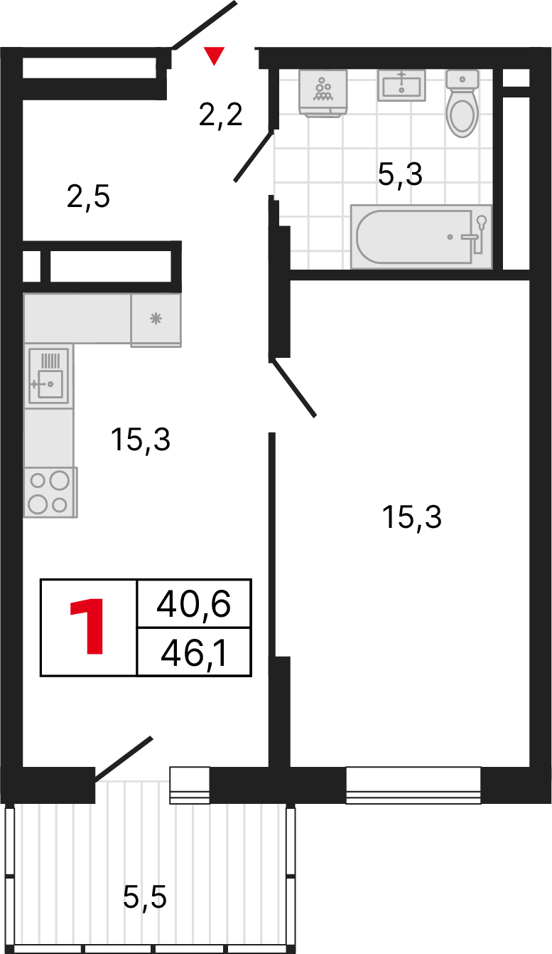 1 комната, 46,12 м²