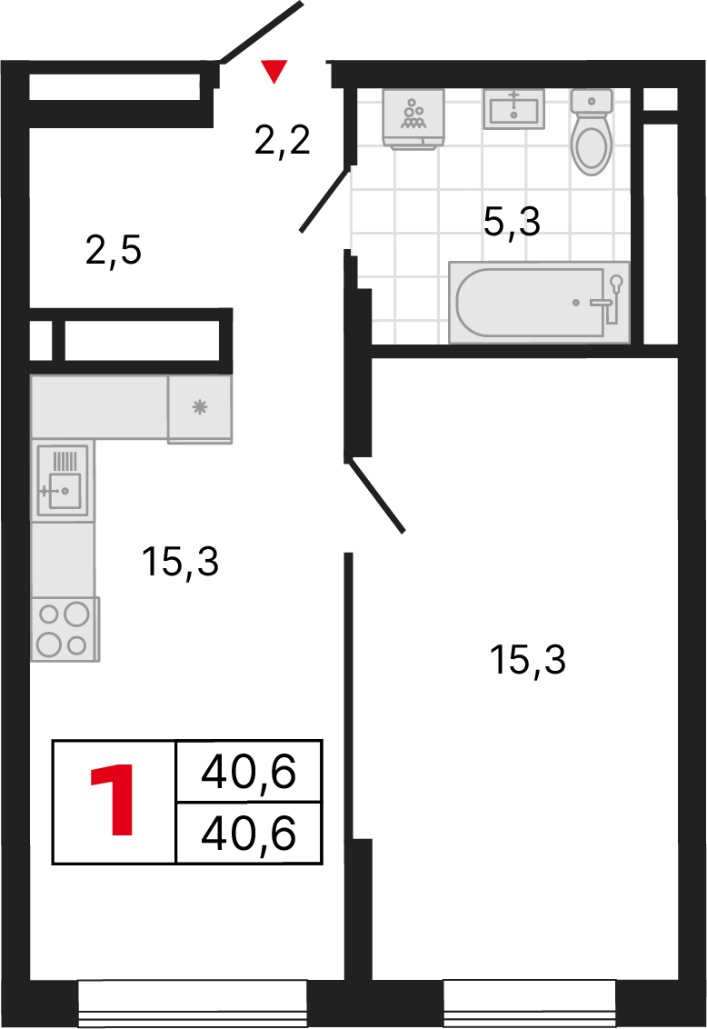 1 комната, 40,64 м²
