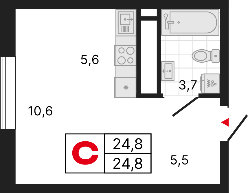1 комната, 24,76 м²