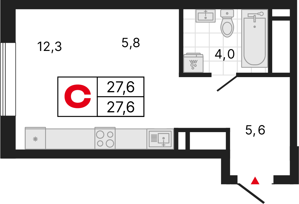 1 комната, 27,64 м²