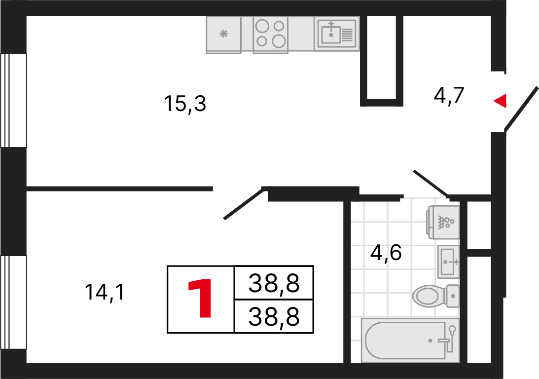 1 комната, 38,78 м²