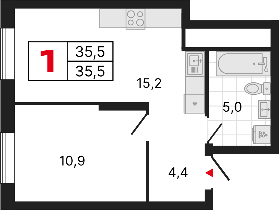 1 комната, 35,53 м²