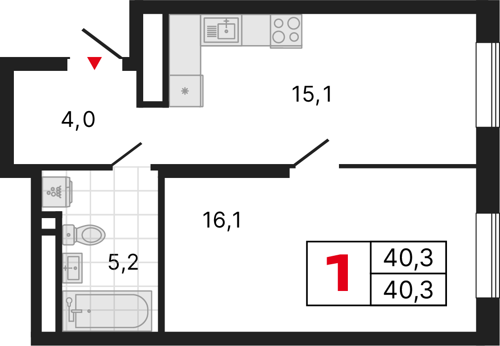 1 комната, 40,33 м²