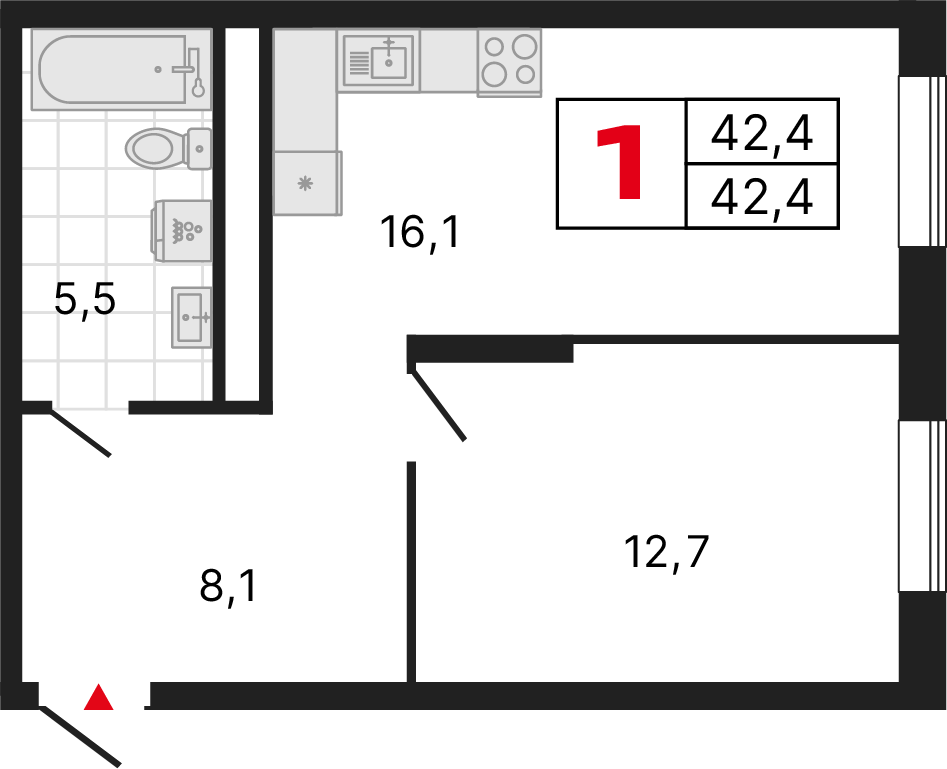 1 комната, 42,44 м²