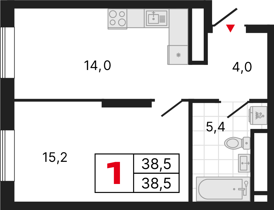 1 комната, 38,49 м²
