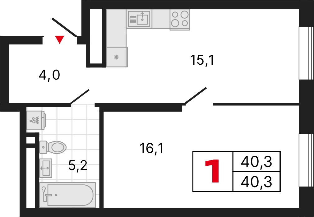 1 комната, 40,33 м²